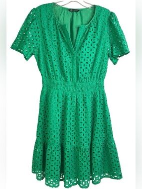 EUC PrettyGarden-Green VNeck Eyelet A Line Lace Spring/Summer Midi Dress Sz XXL